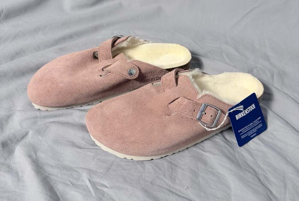 Birkenstock Boston Shearling Lined Suede Clogs in Pink Clay